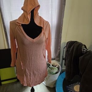 Poof! Orange Pink 3/4 Sleeve Ribbed Hoodie